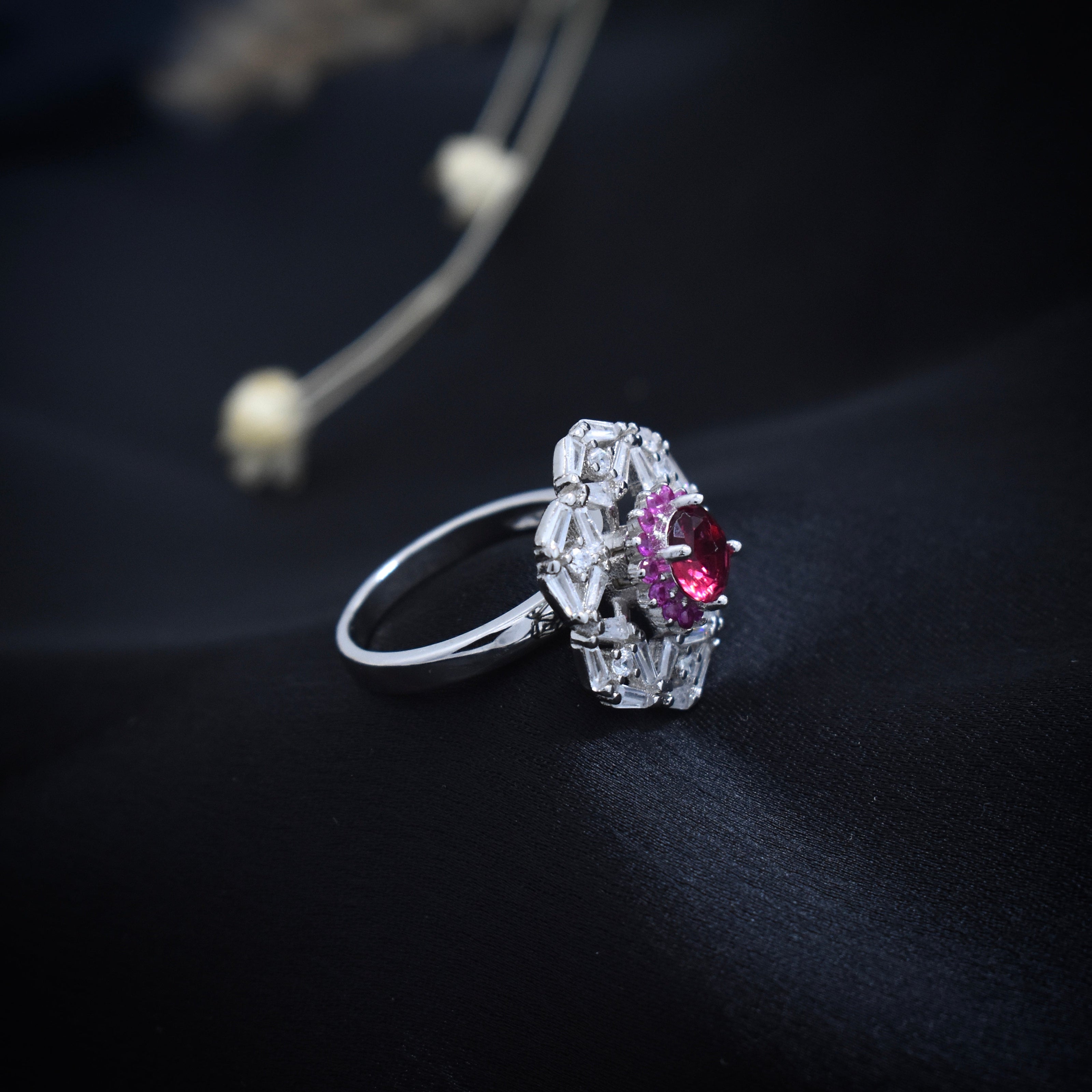 Silver Crimson Cluster Ring