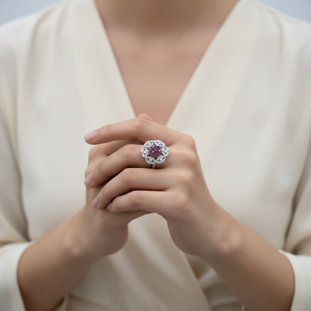 Ruby Pink Stone Rotating Geometric Halo Ring