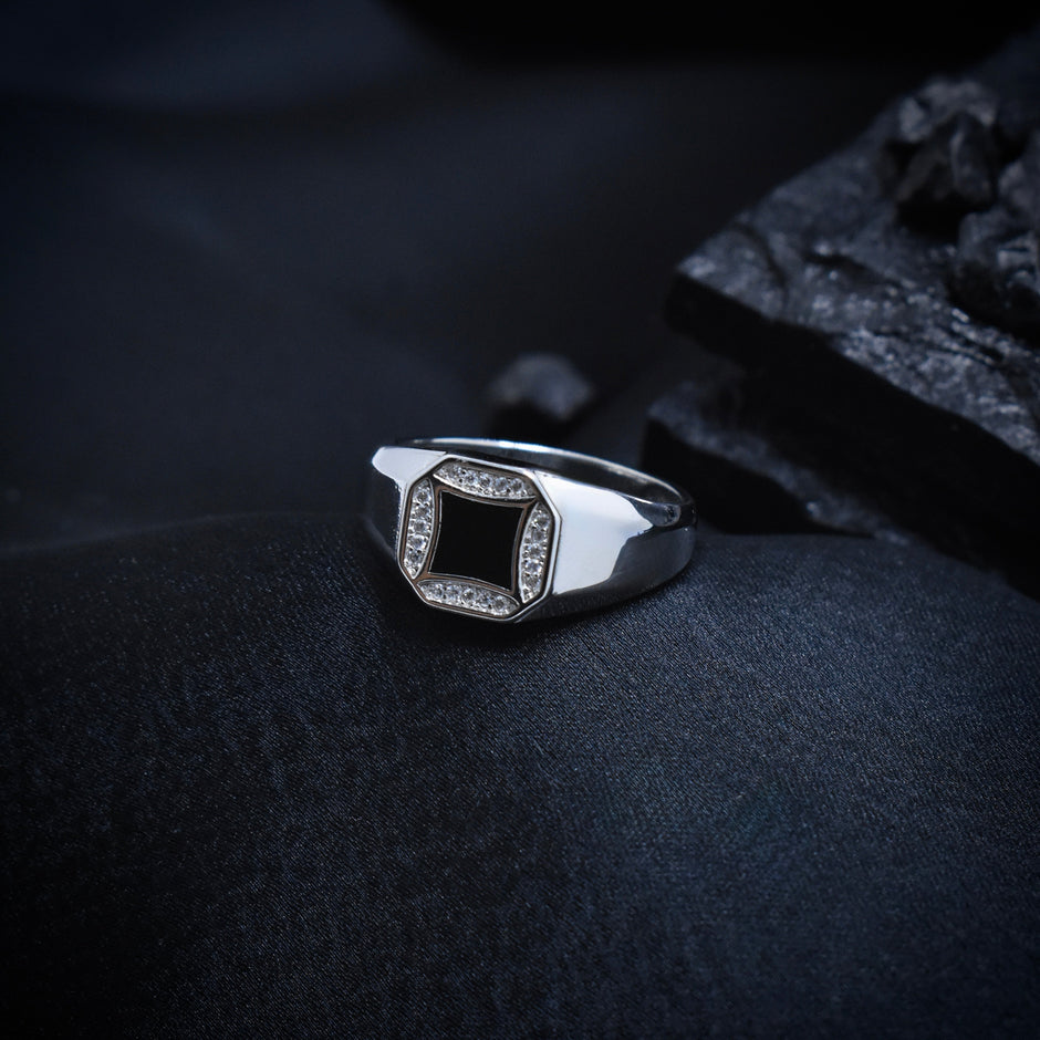 Black Enamel Octagon Pave Silver Ring