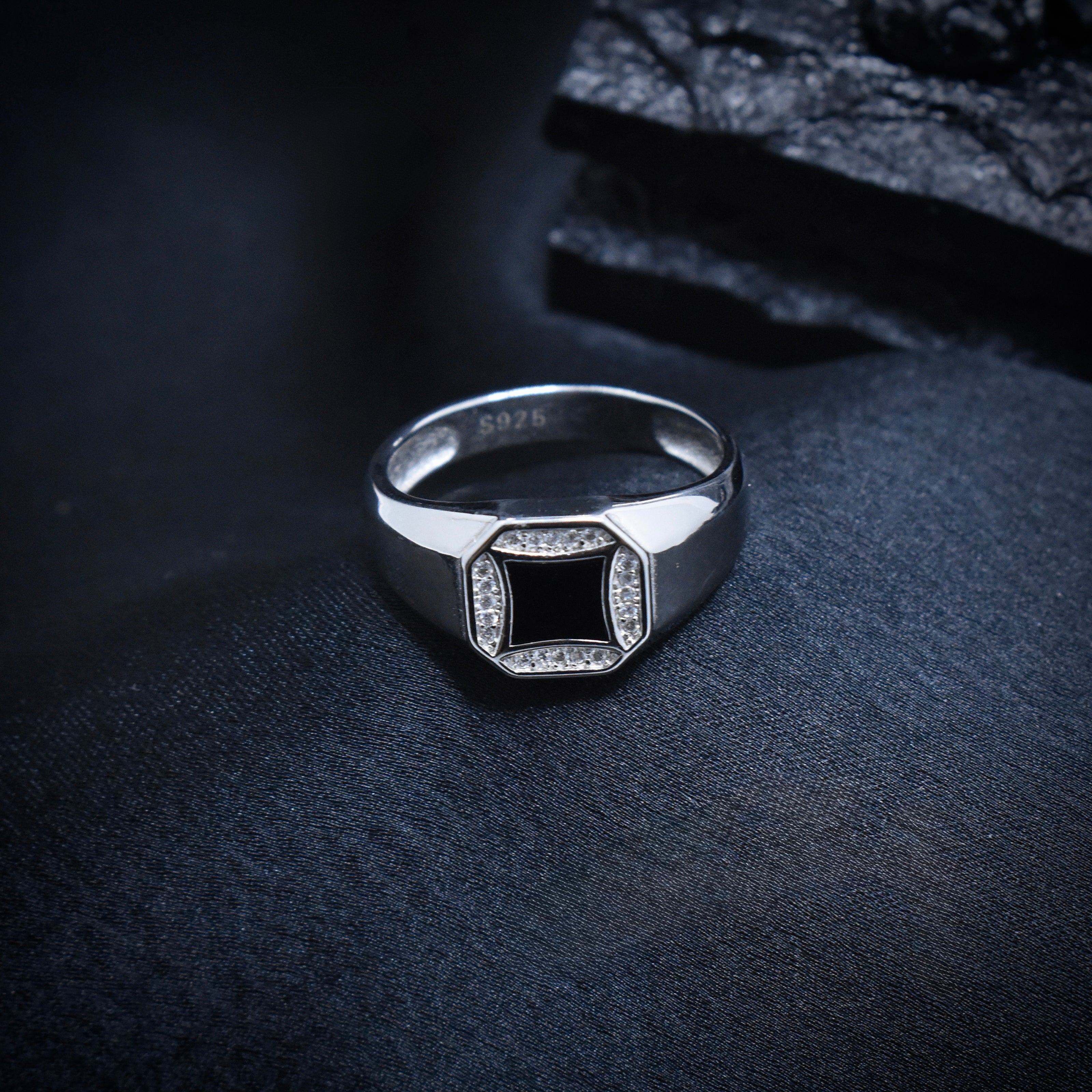 Concave Square Halo Signet Ring
