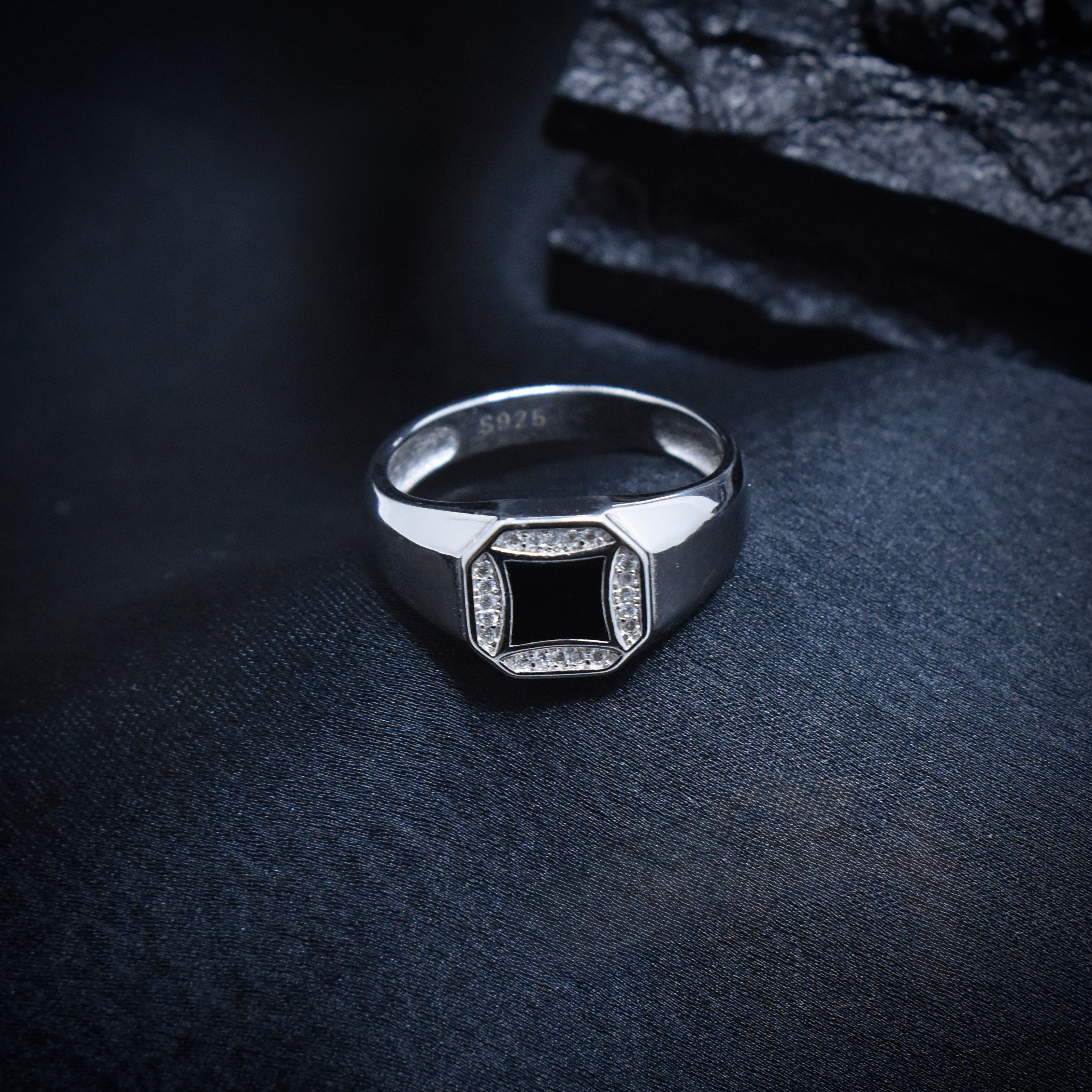 Black Enamel Octagon Pave Silver Ring