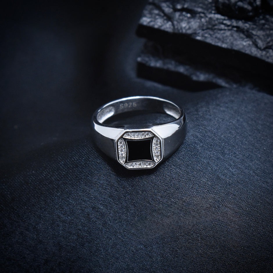 Black Enamel Octagon Pave Silver Ring