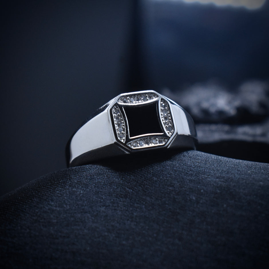 Concave Square Halo Signet Ring