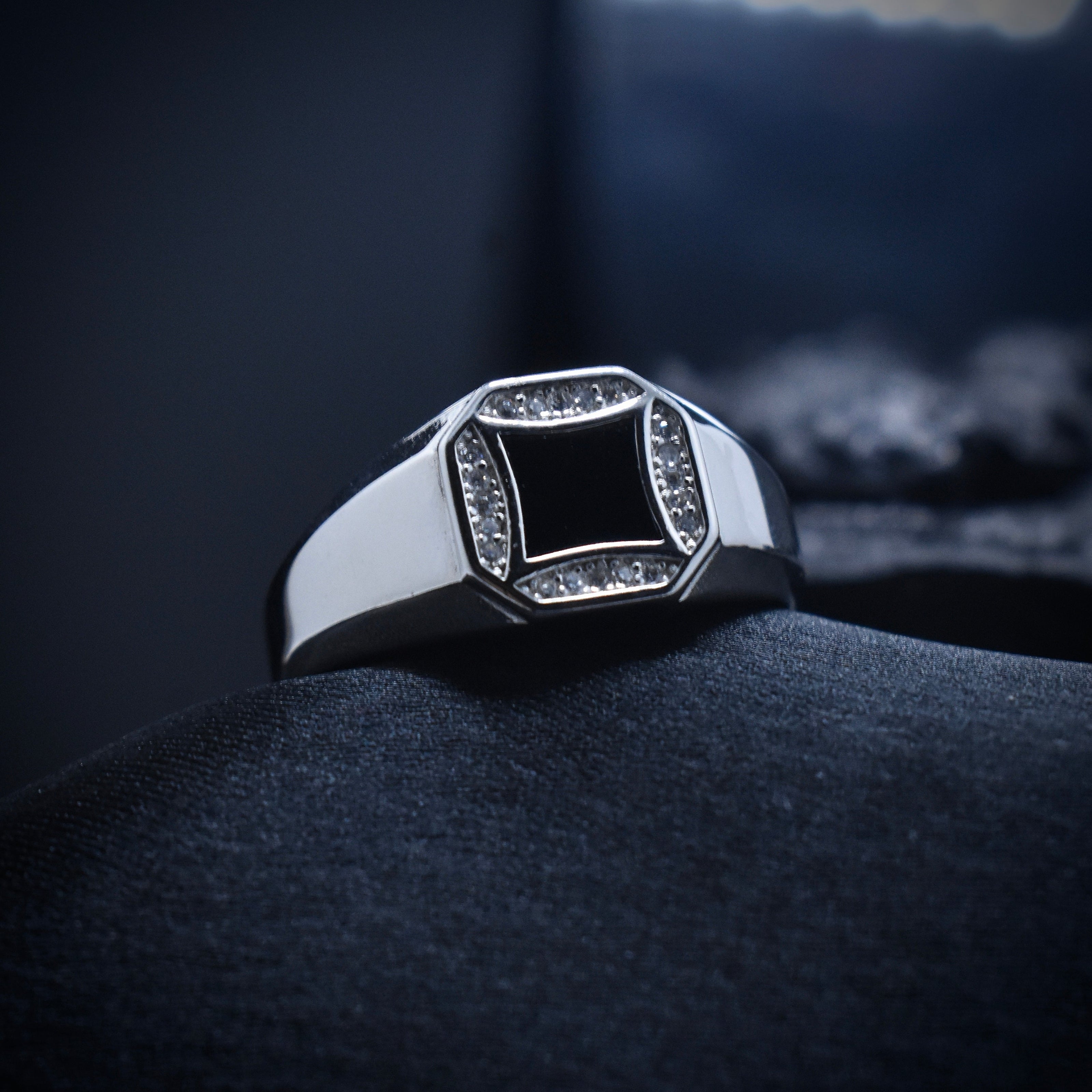 Black Enamel Octagon Pave Silver Ring