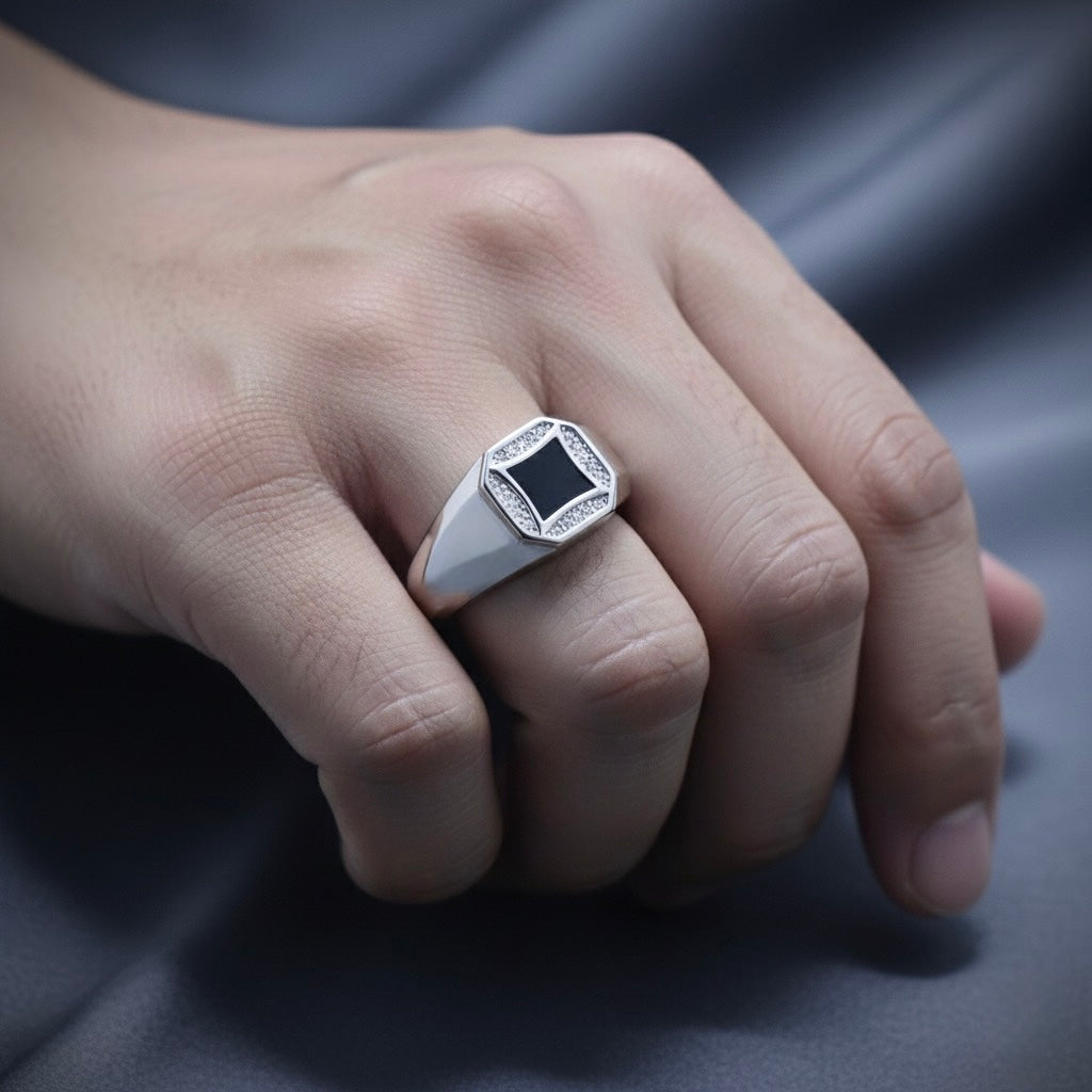 Concave Square Halo Signet Ring
