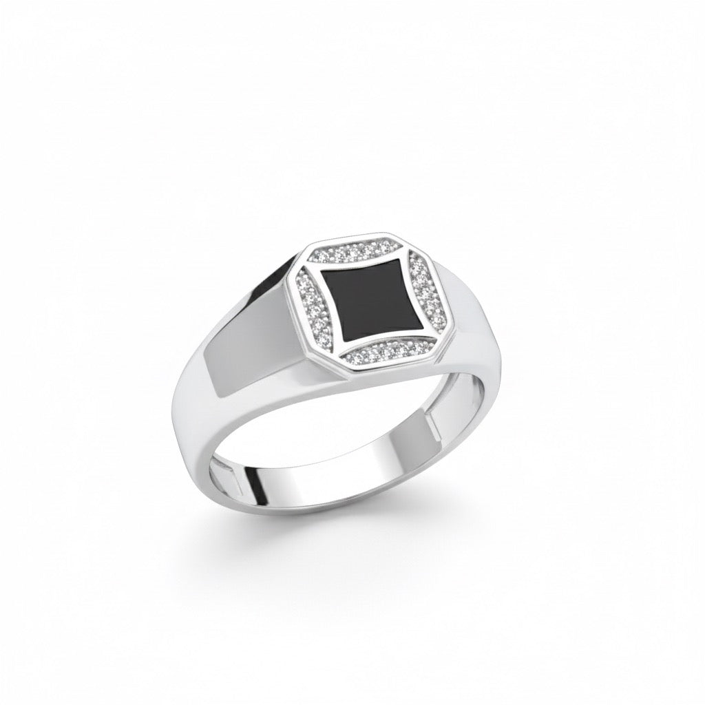 Black Enamel Octagon Pave Silver Ring