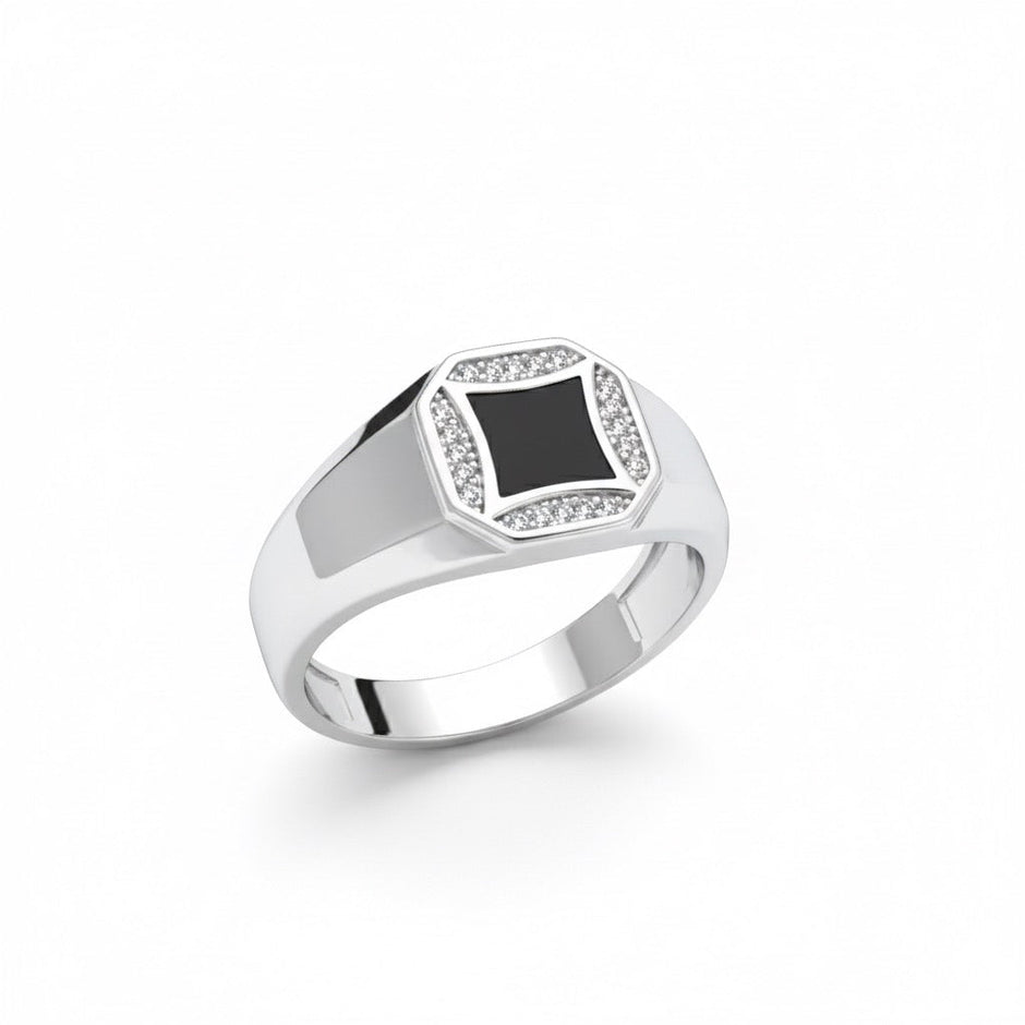 Black Enamel Octagon Pave Silver Ring