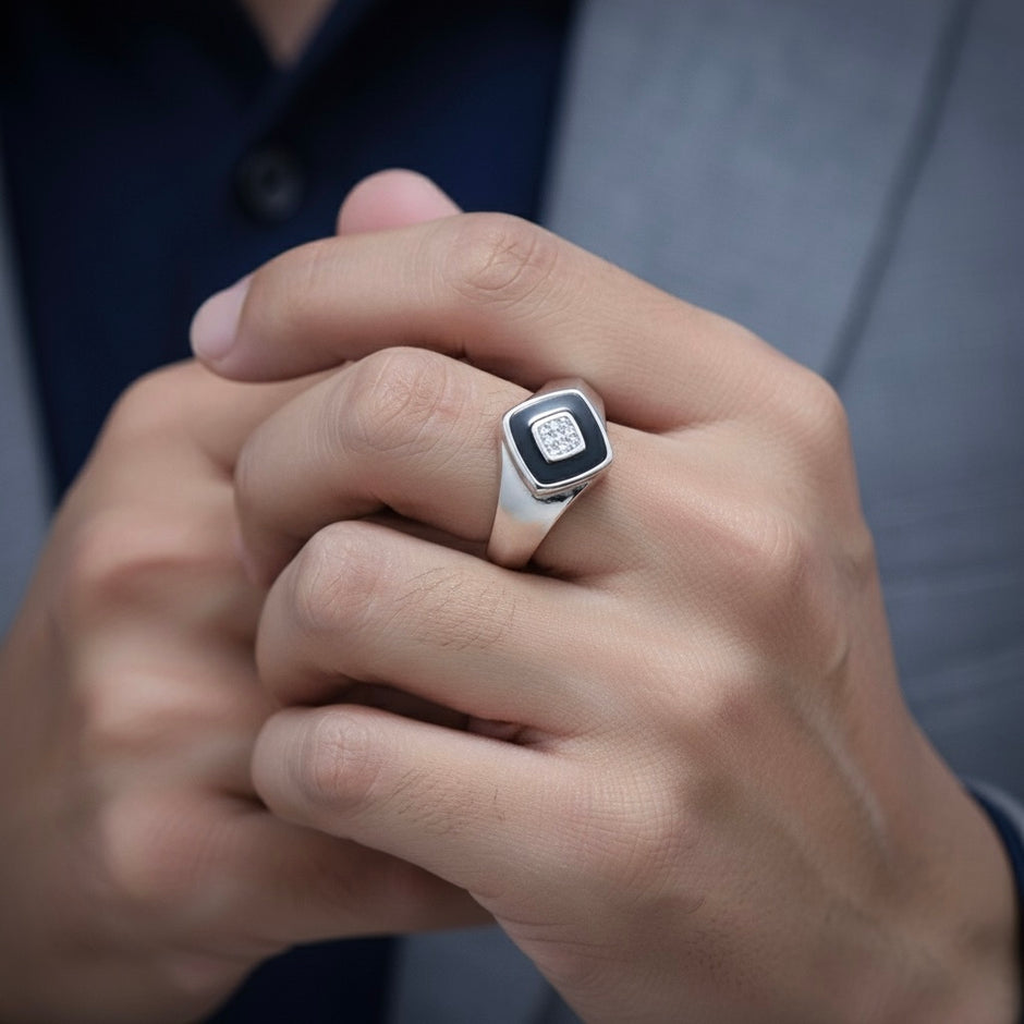 Geometric Square Halo Signet Ring