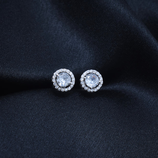 Round Halo Stud Silver Earrings