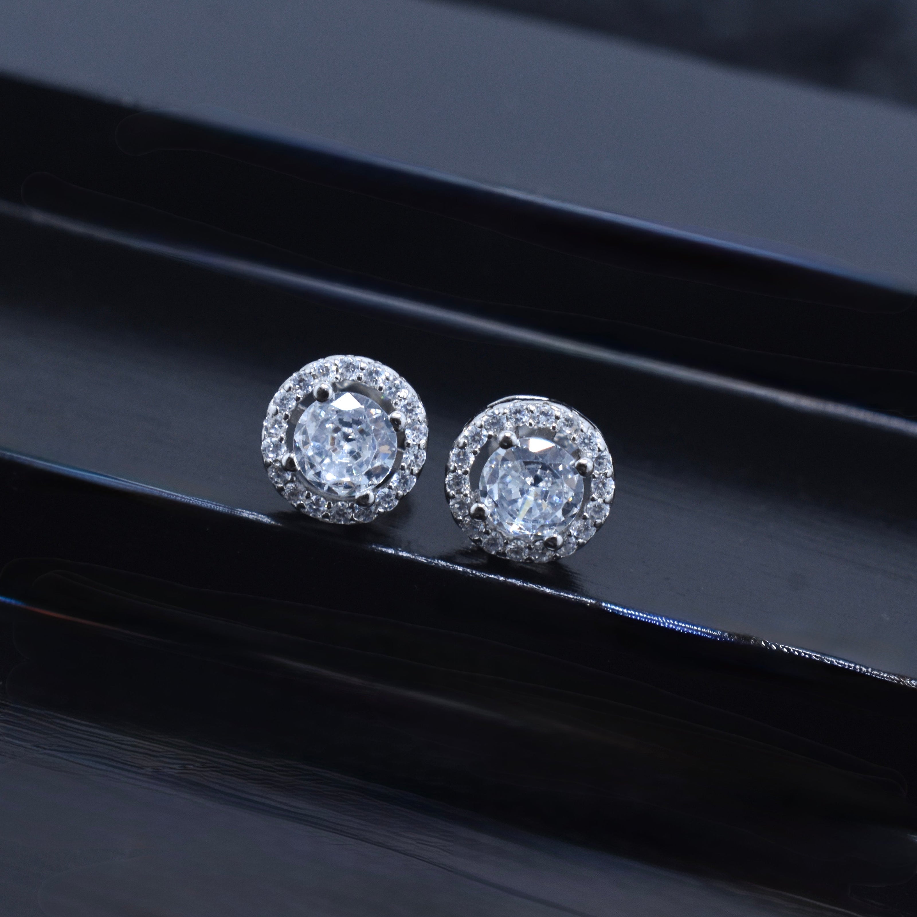 Round Halo Stud Silver Earrings