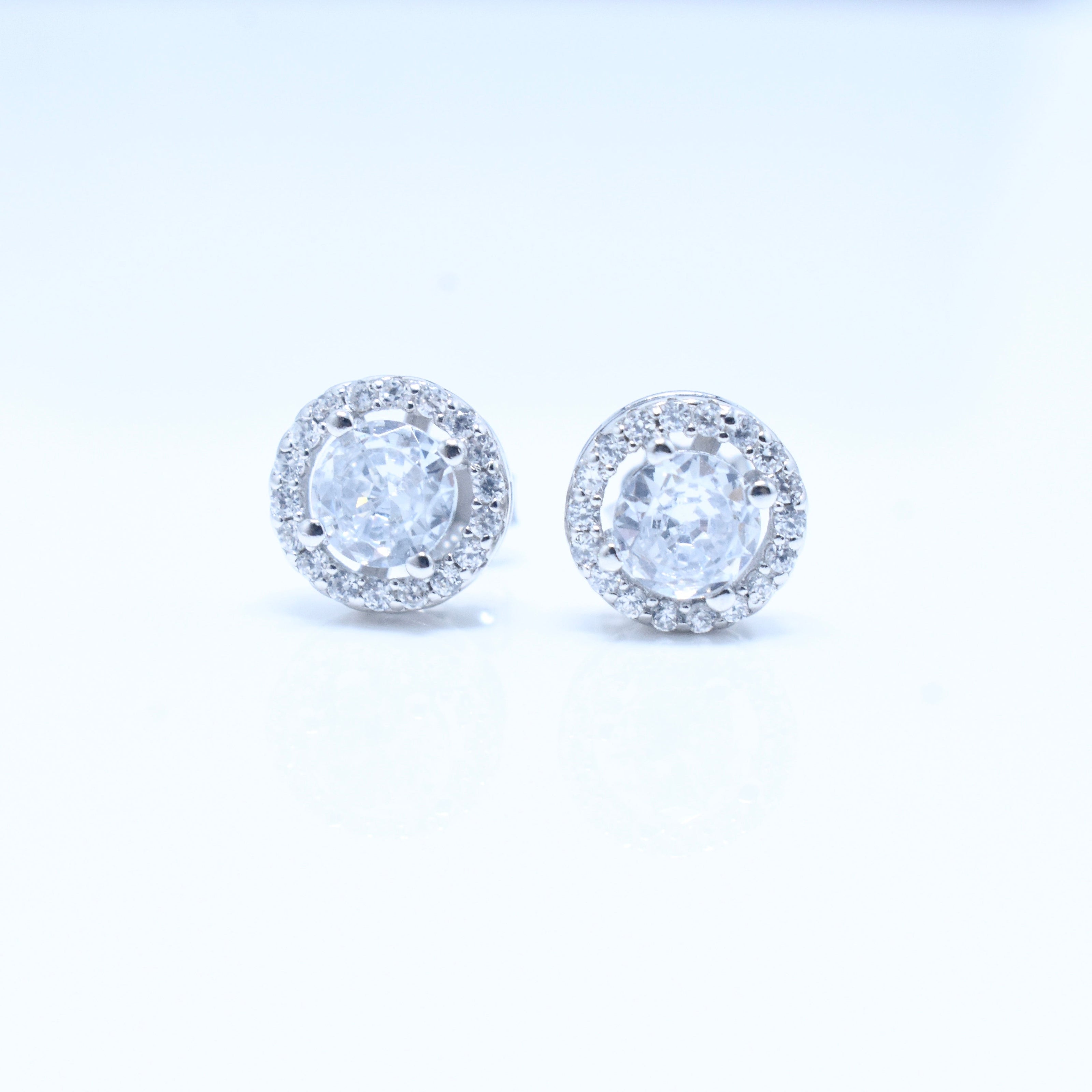 Round Halo Stud Silver Earrings