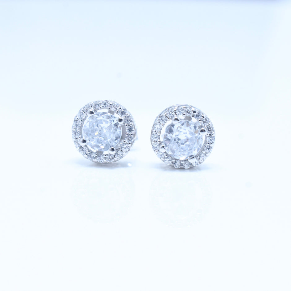 Round Halo Stud Silver Earrings