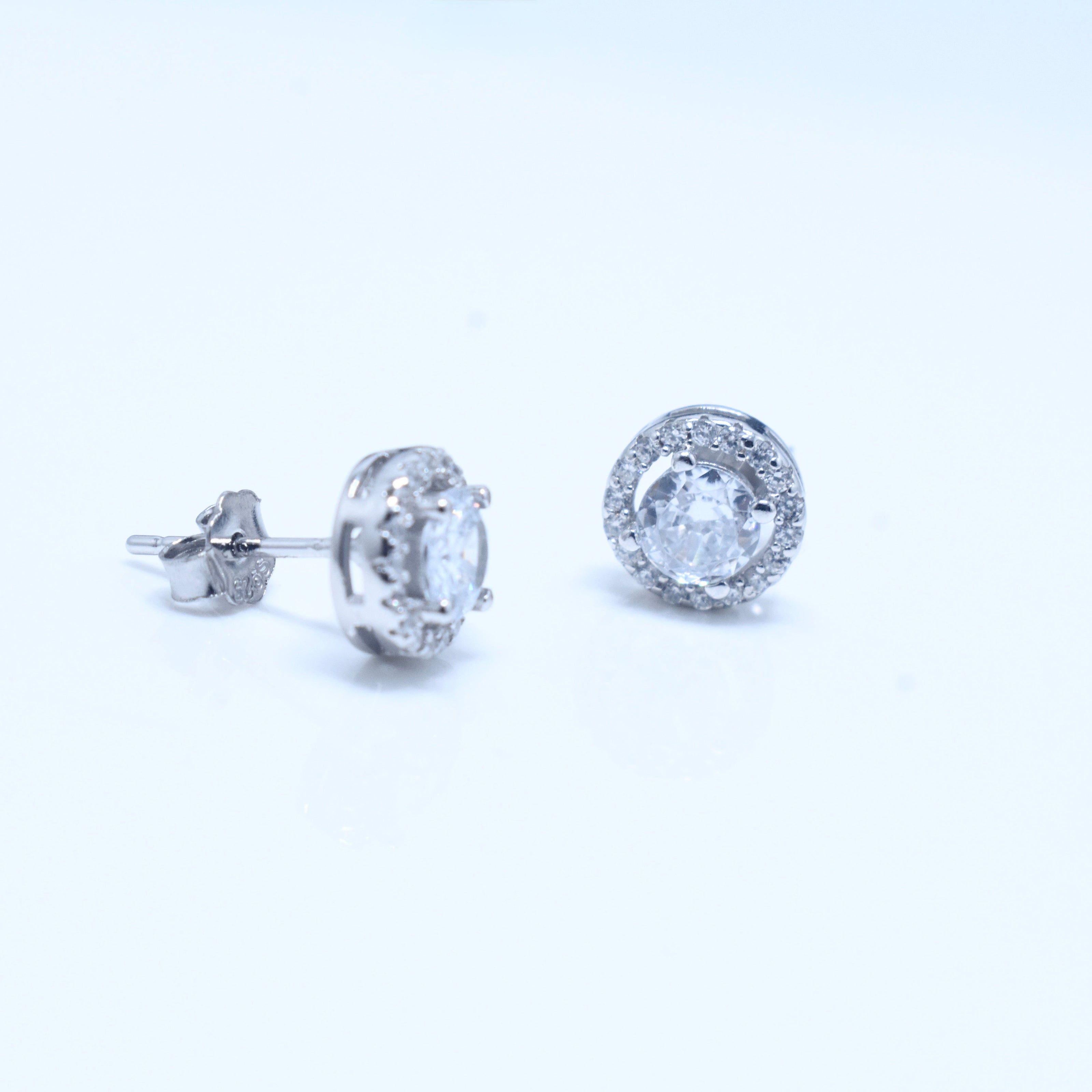 Round Halo Stud Silver Earrings