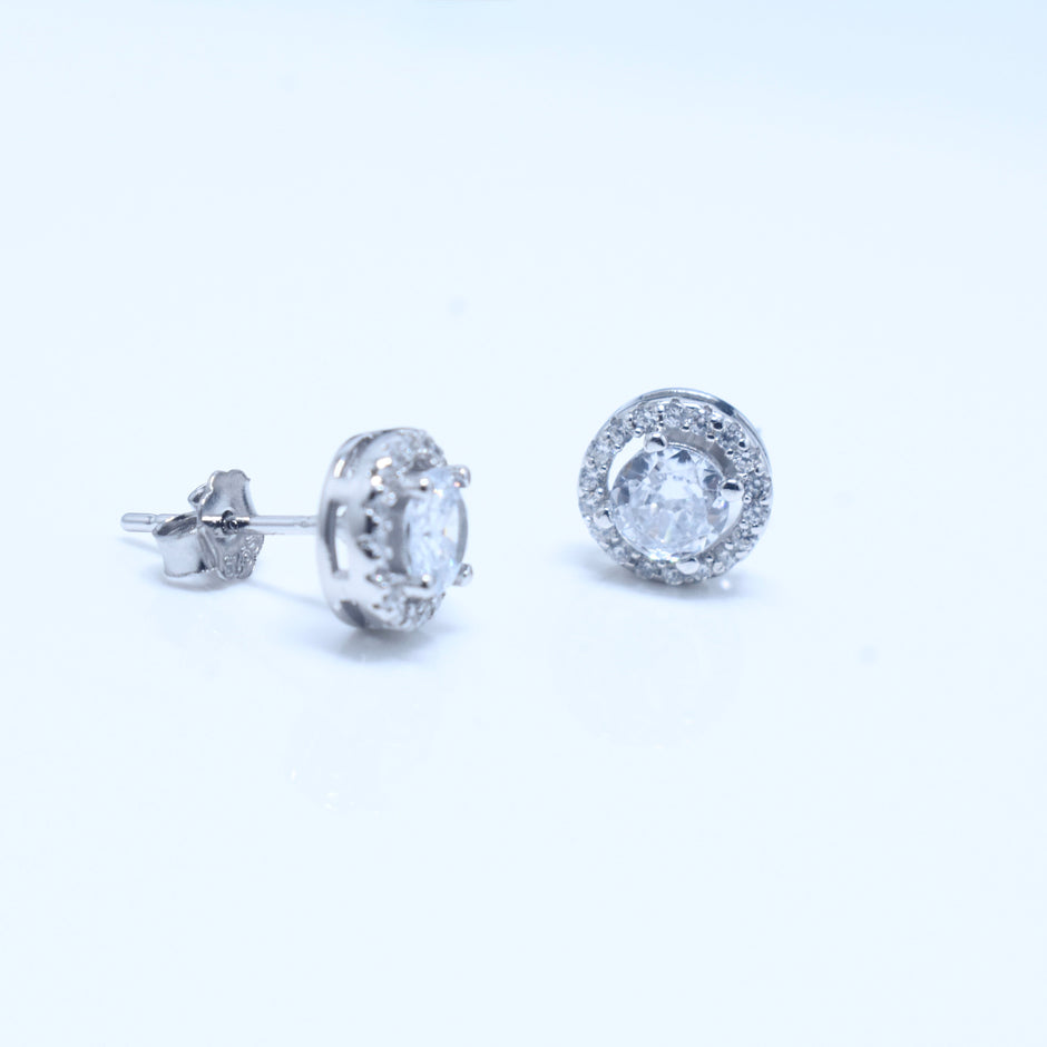 Round Halo Stud Silver Earrings