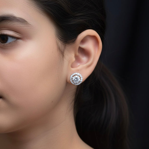 Round Halo Stud Silver Earrings