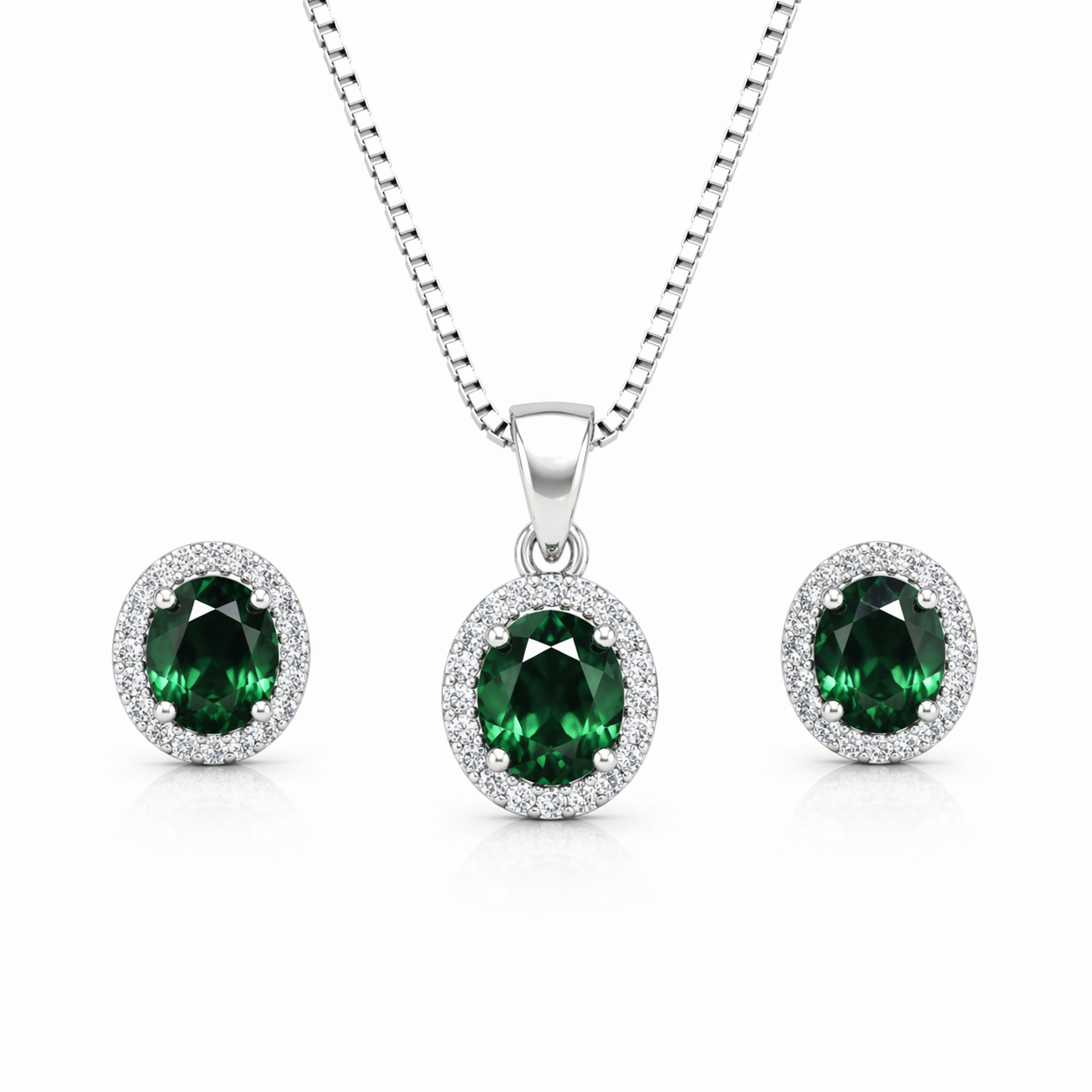 Oval Green Stone Pendant Set with Chain and Earrings