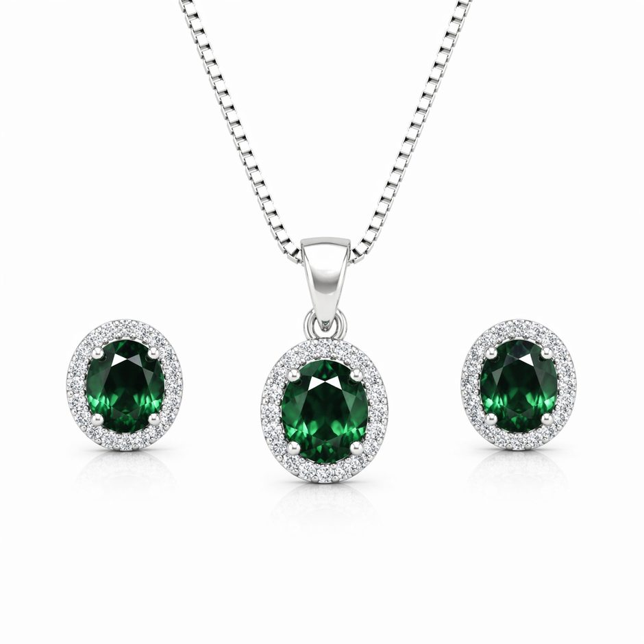 Oval Green Stone Pendant Set with Chain and Earrings