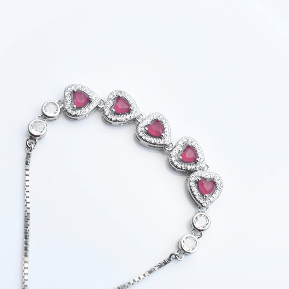 Red Enamel Hearts Silver Bracelet
