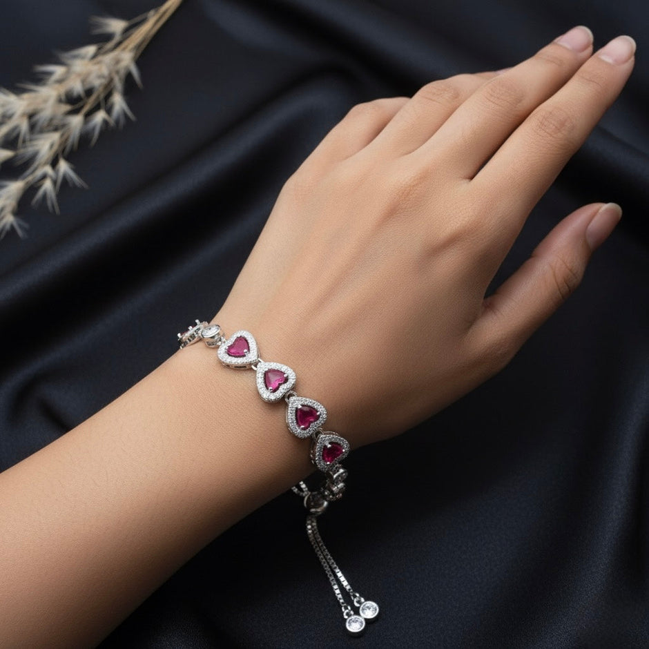 Red Enamel Hearts Silver Bracelet