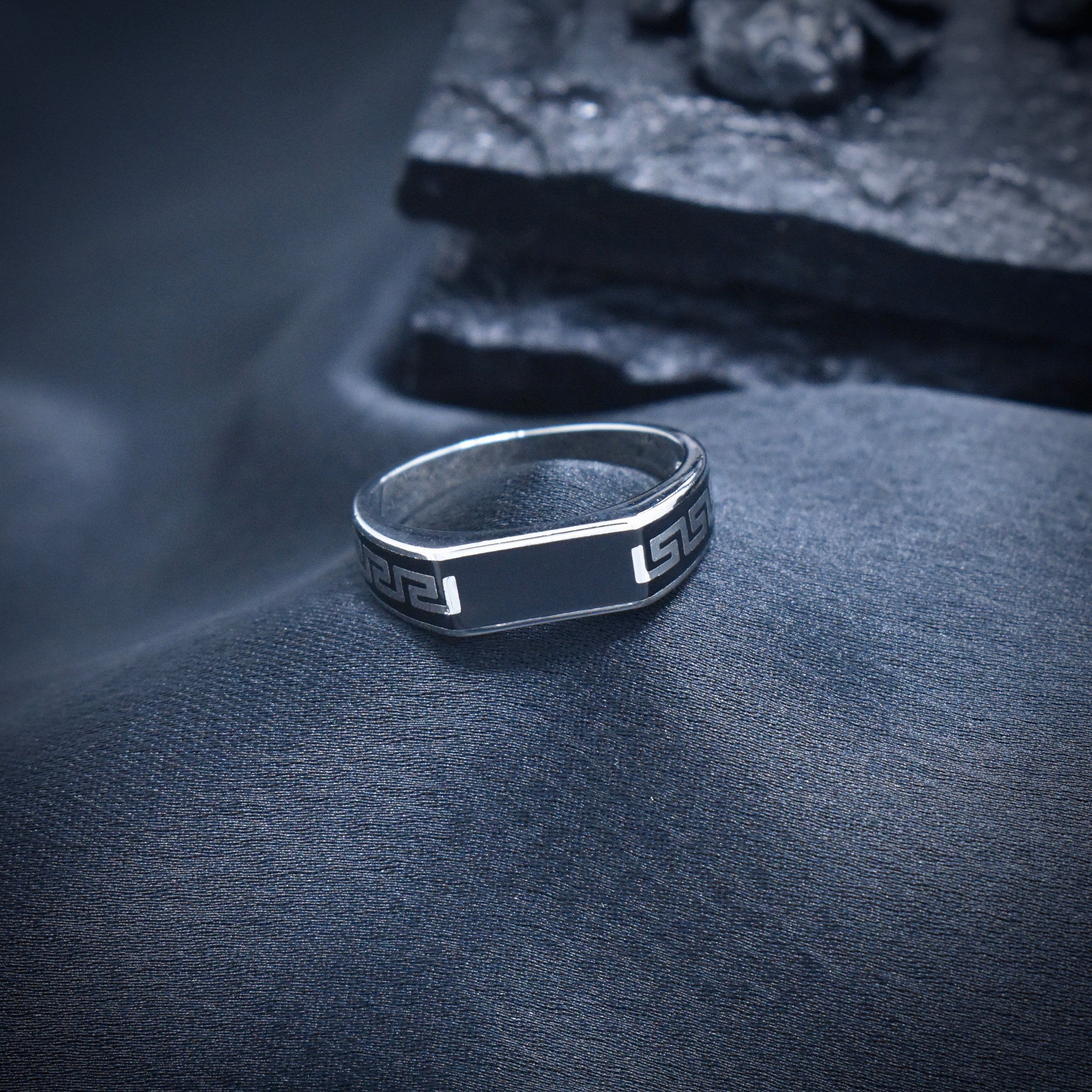 Geometric Meander Black Enamel Silver Ring