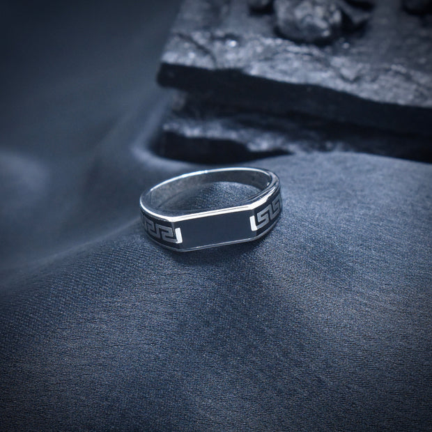 Geometric Meander Black Enamel Silver Ring