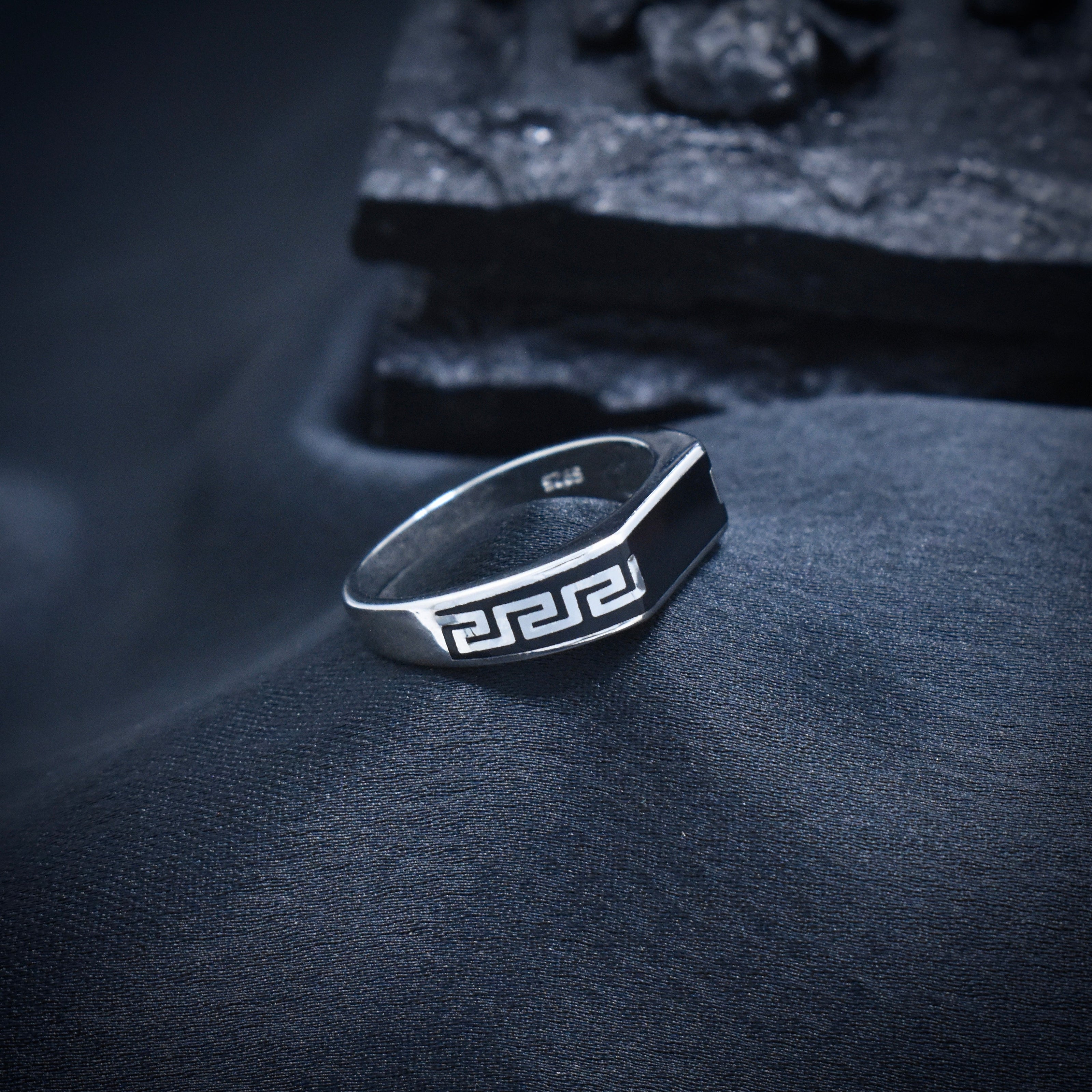 Geometric Meander Black Enamel Silver Ring
