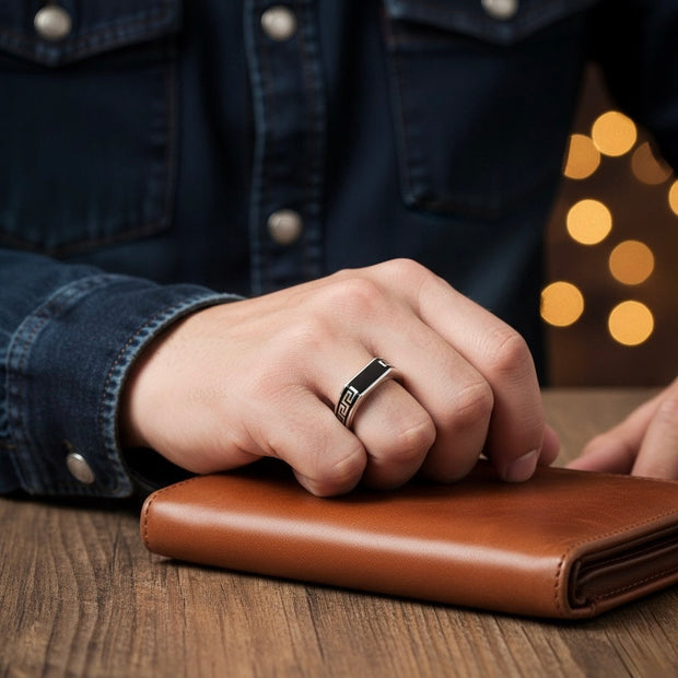 Geometric Meander Black Enamel Silver Ring