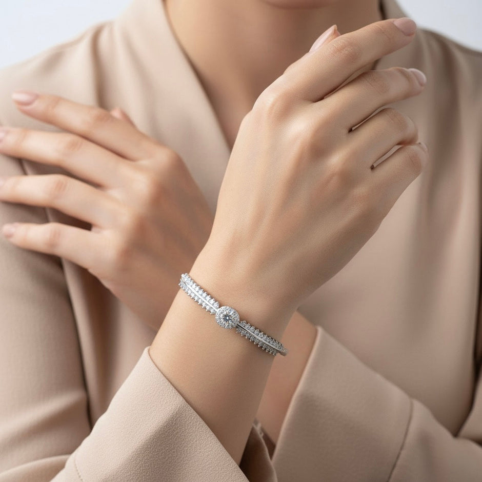 Elegant Pavé Disc Cuff Style Silver Bracelet