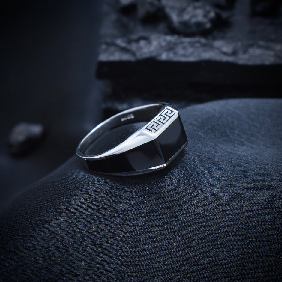 Wide Band Black Enamel Silver Ring