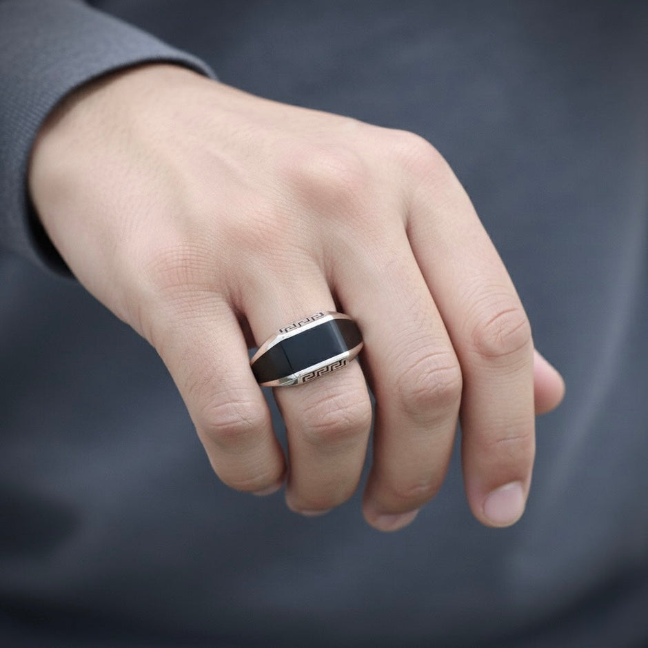 Wide Band Black Enamel Silver Ring