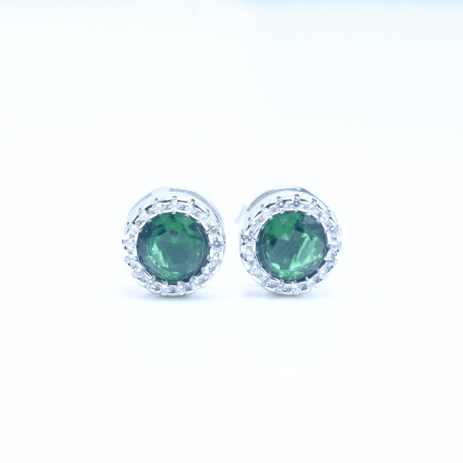 Green Round Solitaire Silver Pendant Set