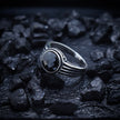 Black Onyx Round Stripe Silver Ring
