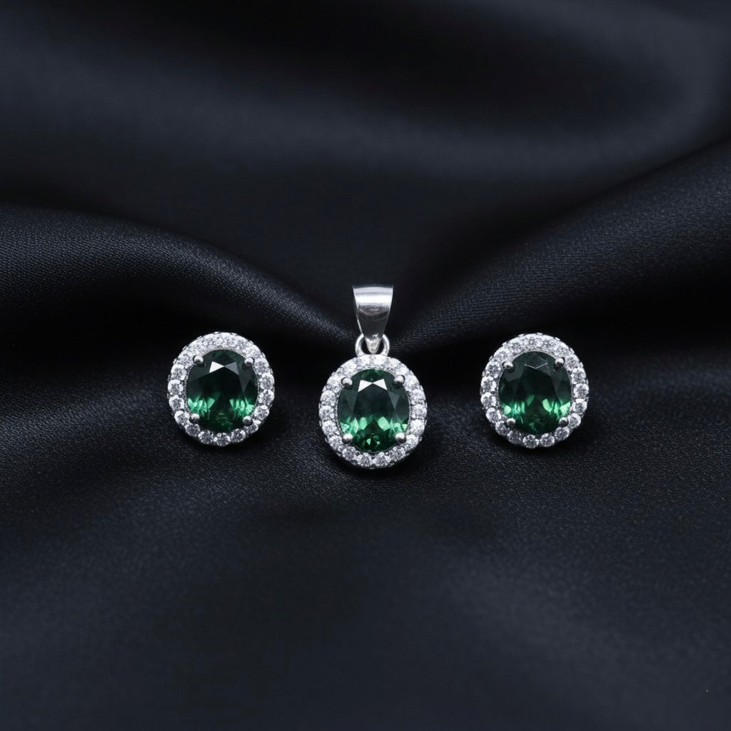 Oval Green Stone Pendant Set with Chain and Earrings