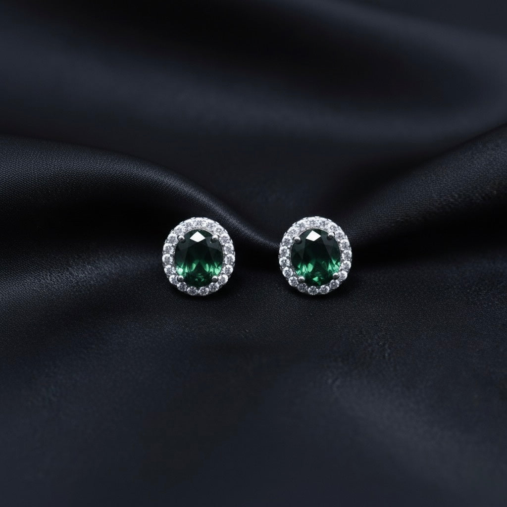 Oval Green Stone Pendant Set with Chain and Earrings