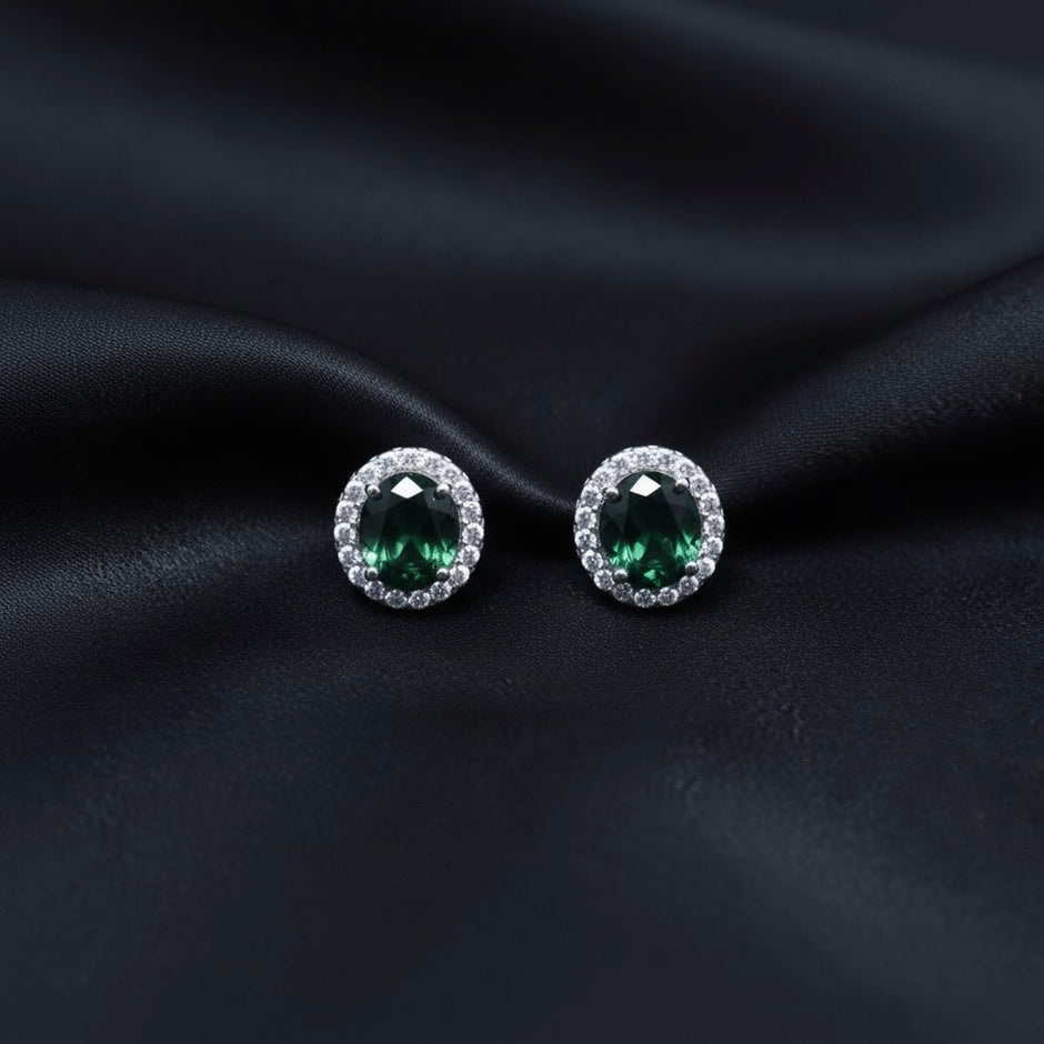 Oval Green Stone Pendant Set with Chain and Earrings
