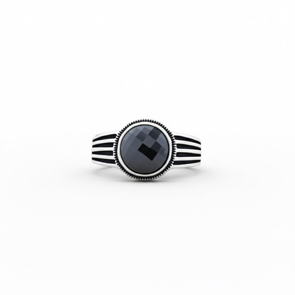 Black Onyx Round Stripe Silver Ring