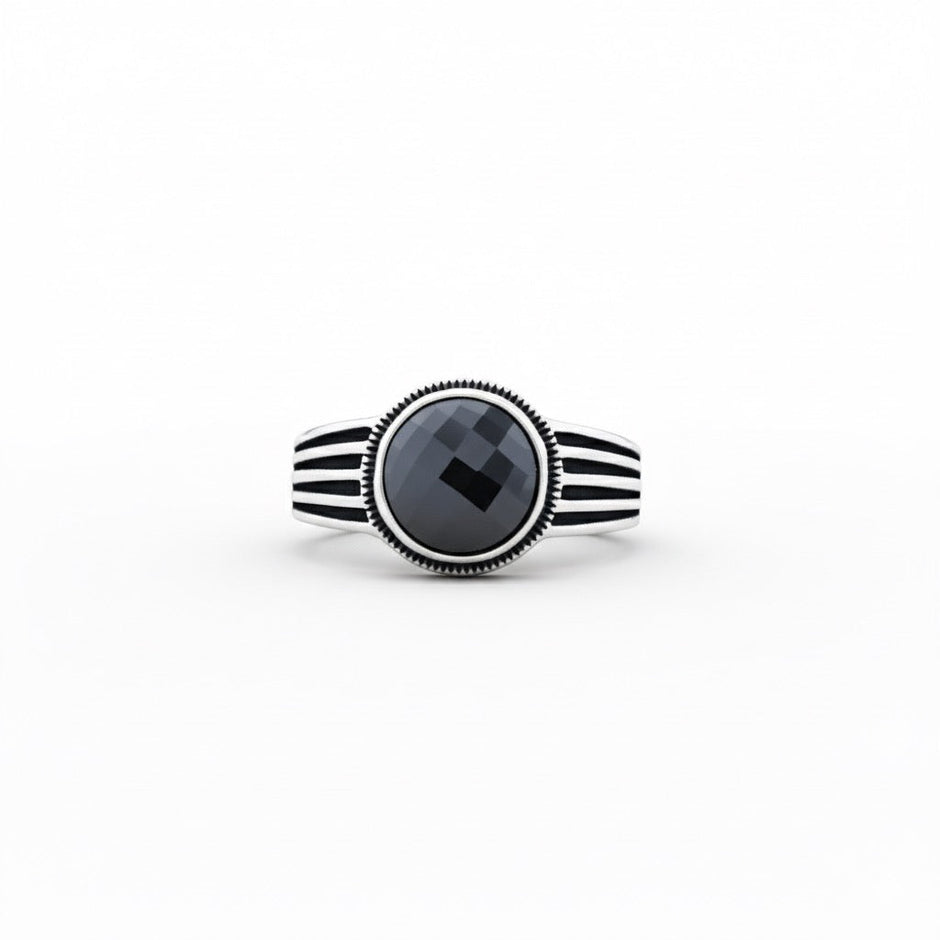 Black Onyx Round Stripe Silver Ring