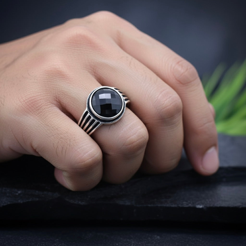 Black Onyx Round Stripe Silver Ring