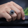 Black Onyx Round Stripe Silver Ring