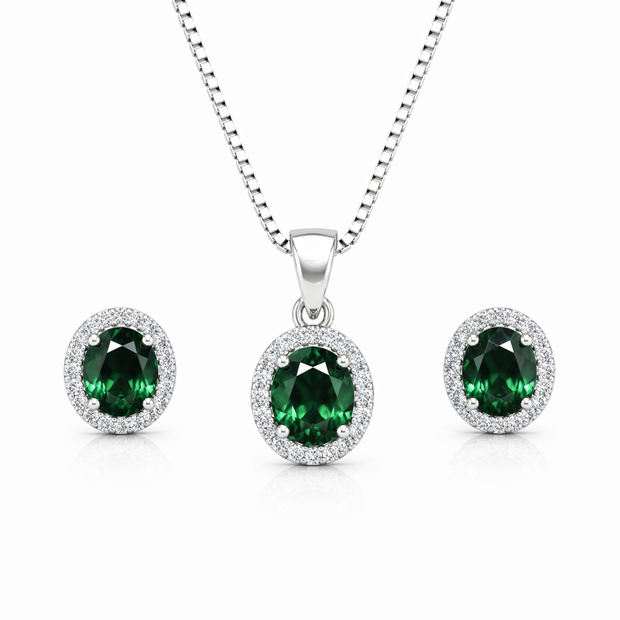 Oval Green Stone Pendant Set with Chain and Earrings