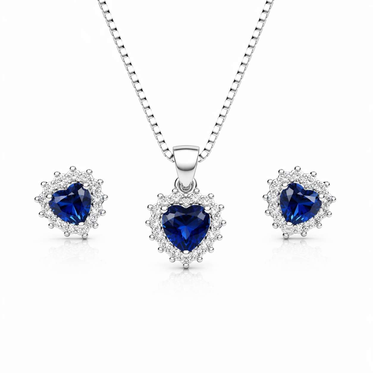 Blue Heart Pendant Set with Chain and Earrings