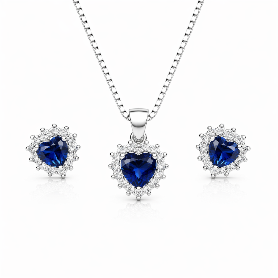 Blue Heart Pendant Set with Chain and Earrings