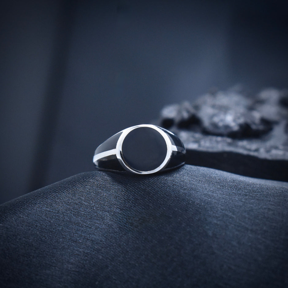 Round Black Enamel Signet Silver Ring