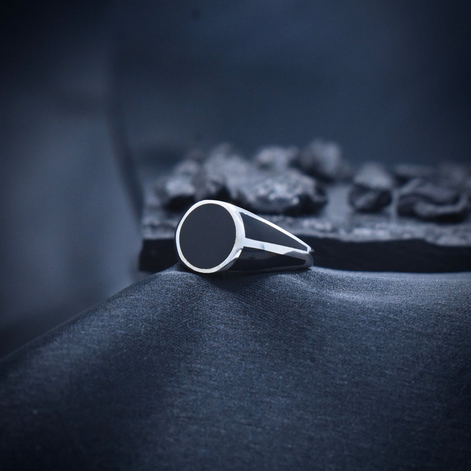 Round Black Enamel Signet Silver Ring
