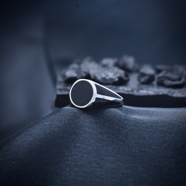 Round Black Enamel Signet Silver Ring