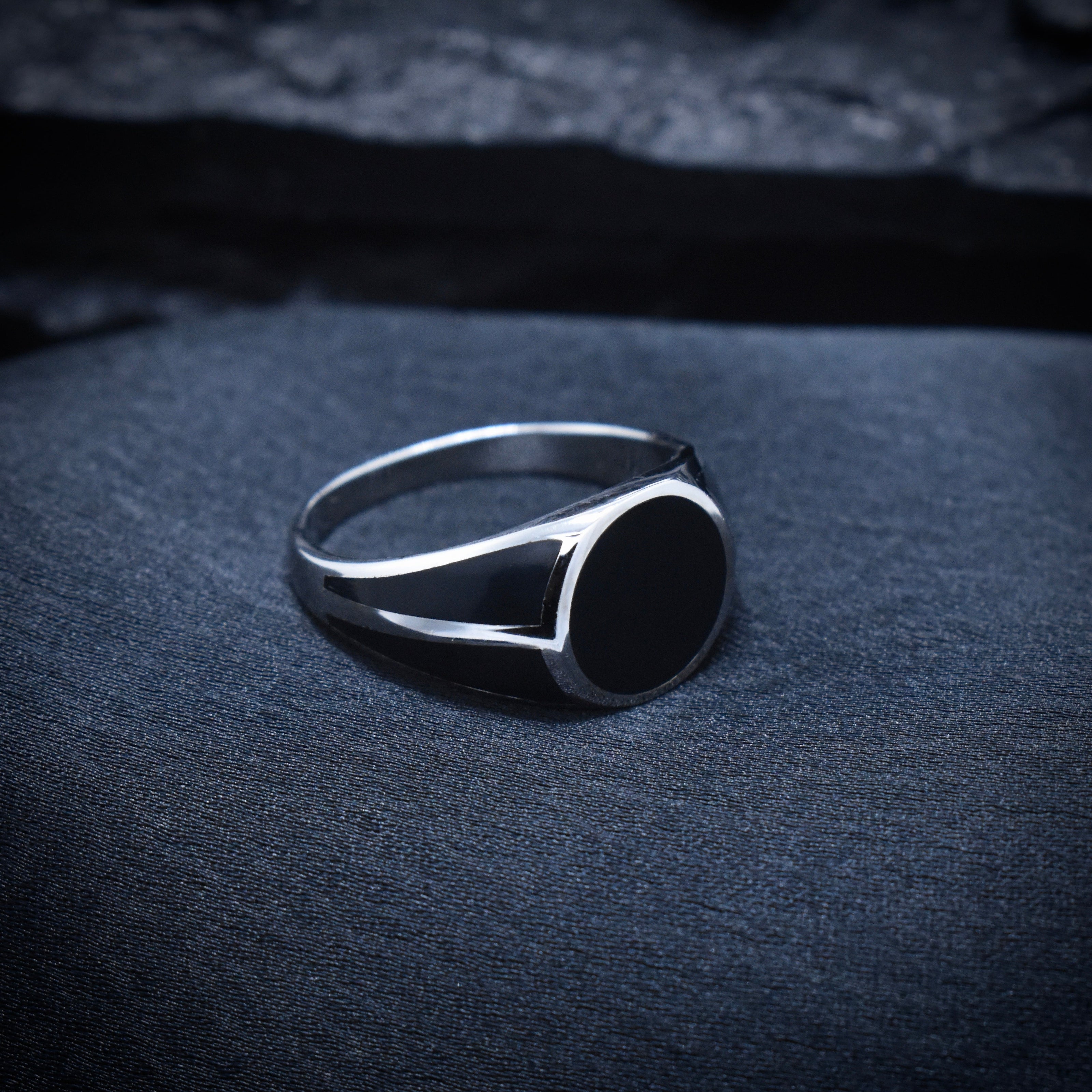 Round Black Enamel Signet Silver Ring