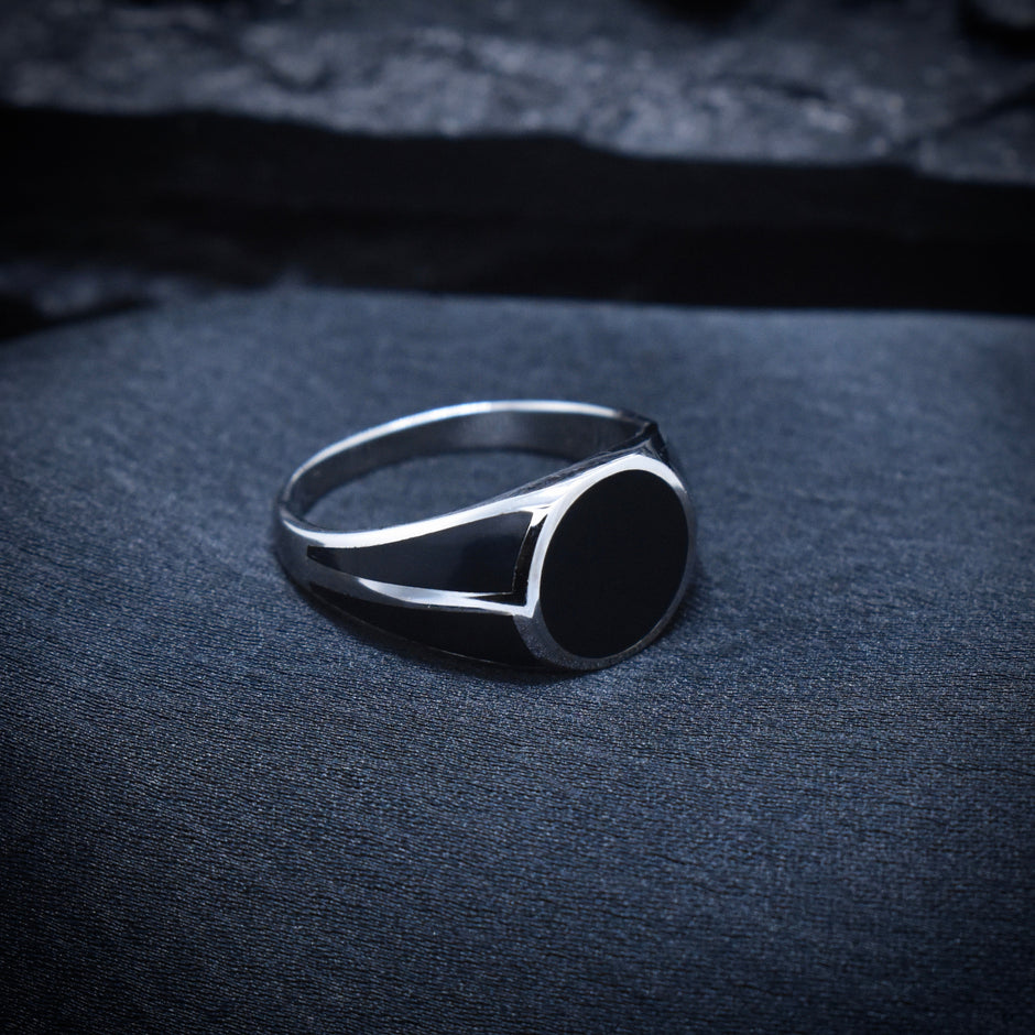 Round Black Enamel Signet Silver Ring