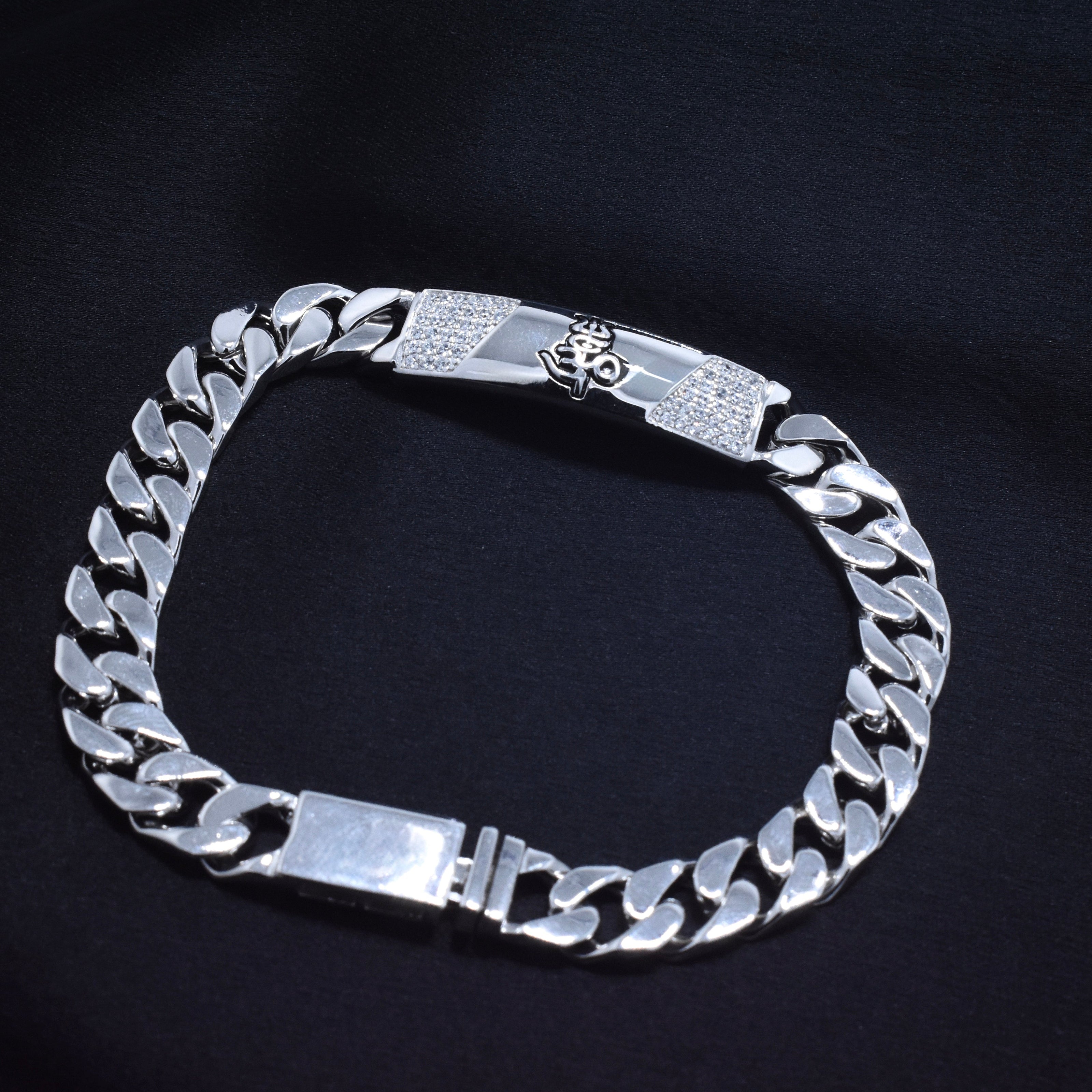 Om Symbol Curb Silver Bracelet
