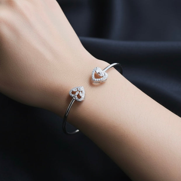 Twin Heart Halo 925 Silver Bracelet