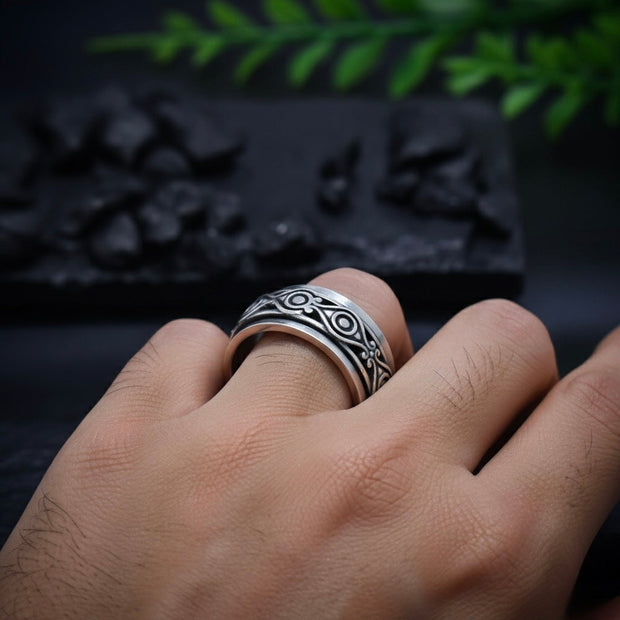 Tribal Engraved Wide Silver Band